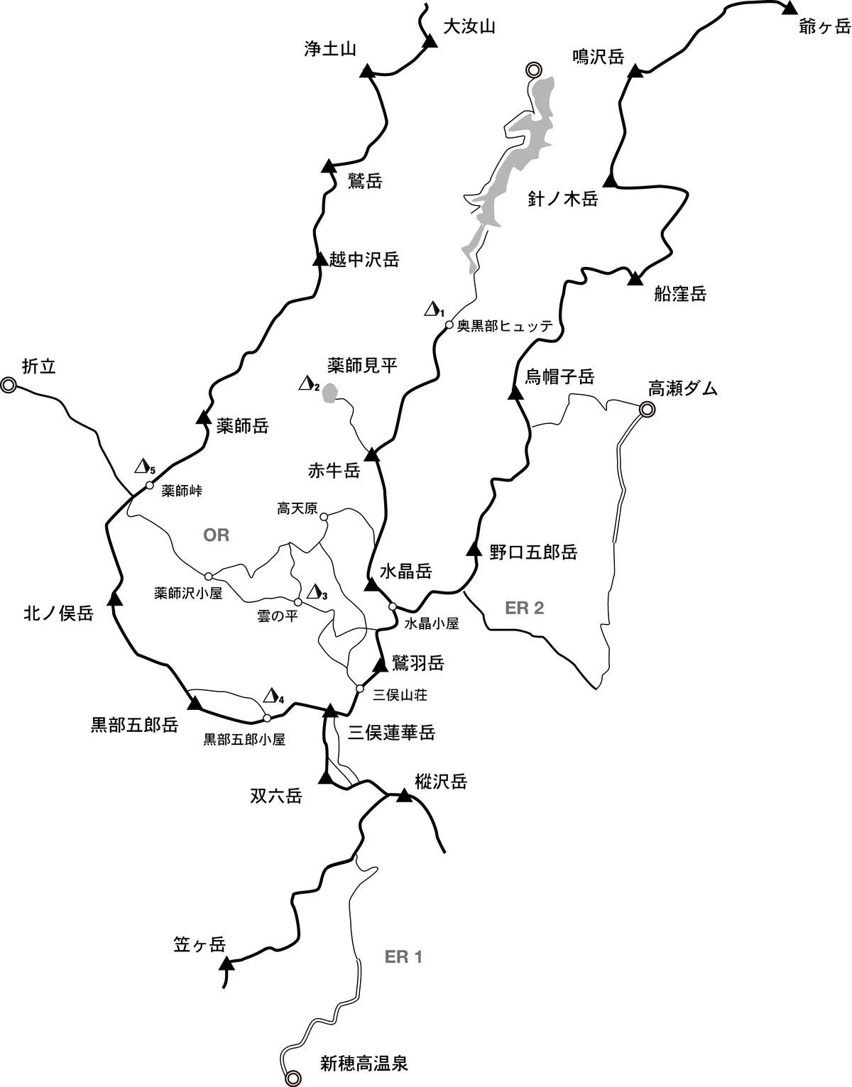 山行全体の概念図(国土地理院 地理院地図をもとに作成)
