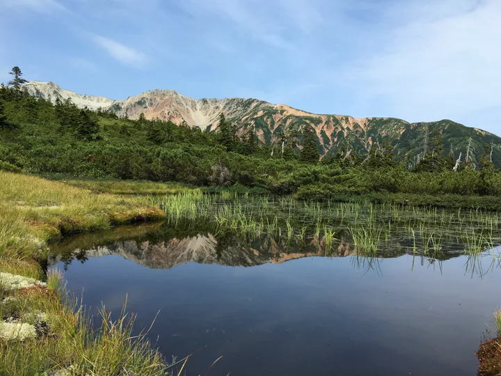 池塘のある湿原、その向こうに山の稜線
