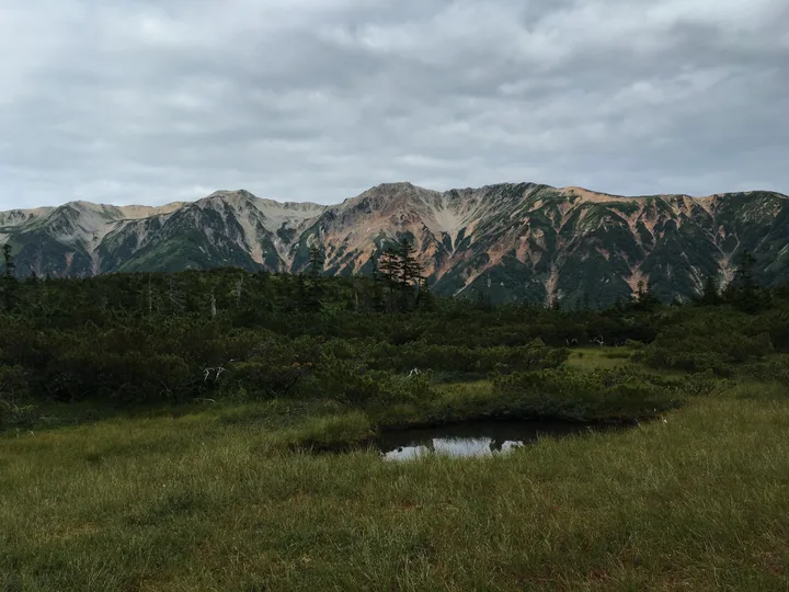 小さな池塘のある湿原、その向こうに山の稜線